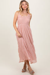 Light Pink Textured Smocked Bodice Sleeveless Maternity Maxi Dress