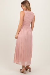 Light Pink Textured Smocked Bodice Sleeveless Maxi Dress