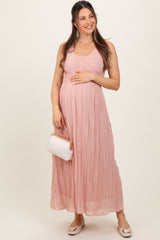 Light Pink Textured Smocked Bodice Sleeveless Maternity Maxi Dress