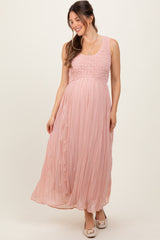 Light Pink Textured Smocked Bodice Sleeveless Maternity Maxi Dress