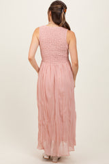 Light Pink Textured Smocked Bodice Sleeveless Maternity Maxi Dress