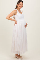 Ivory Textured Smocked Bodice Sleeveless Maternity Maxi Dress