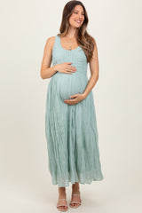 Light Olive Textured Smocked Bodice Sleeveless Maternity Maxi Dress