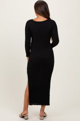 Black Knit Side Slit Lettuce Trim Maternity Maxi Dress