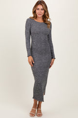 Charcoal Knit Side Slit Lettuce Trim Maxi Dress