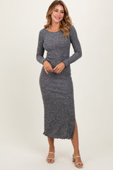 Charcoal Knit Side Slit Lettuce Trim Maxi Dress