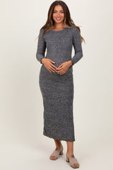 Charcoal Knit Side Slit Lettuce Trim Maternity Maxi Dress