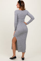 Heather Grey Knit Side Slit Lettuce Trim Maxi Dress