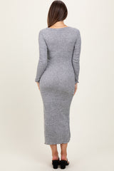 Heather Grey Knit Side Slit Lettuce Trim Maternity Maxi Dress