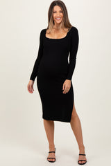 Black Knit Square Neck Side Slit Maternity Midi Dress