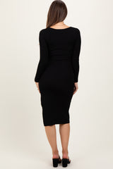 Black Knit Square Neck Side Slit Maternity Midi Dress