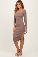 Taupe Knit Square Neck Side Slit Midi Dress