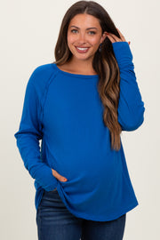 Blue Exposed Seam Thumbhole Long Sleeve Maternity Top