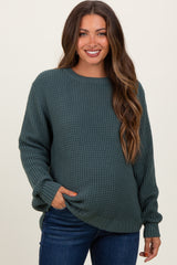 Dark Jade Waffle Knit Rounded Hem Maternity Sweater