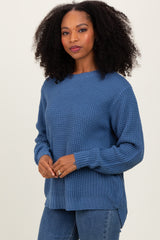 Dark Periwinkle Waffle Knit Rounded Hem Sweater