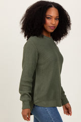 Light Olive Waffle Knit Rounded Hem Sweater