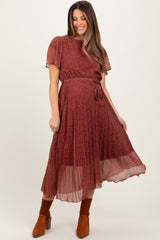 Burgundy Leaf Print Pleated Maternity Midi Dress