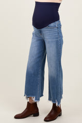 Blue Distressed Hem Cropped Wide Leg Maternity Jeans