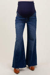 Navy Blue Raw Hem Extra Wide Leg Maternity Jeans