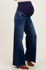 Navy Blue Raw Hem Extra Wide Leg Maternity Jeans