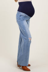 Light Blue Distressed Open Knee Wide Leg Maternity Jeans