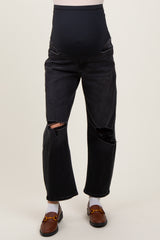 Black Distressed Open Knee Cropped Maternity Barrel Jeans