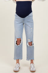 Light Blue Distressed Open Knee Straight Leg Maternity Jeans