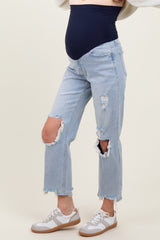 Light Blue Distressed Open Knee Straight Leg Maternity Jeans