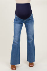 Blue Raw Cut Hem Flare Leg Maternity Jeans