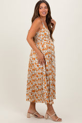 Peach Floral Pleated Maternity Midi Dress