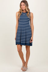 Navy Ribbed Pleated Knit Sleeveless Mini Dress