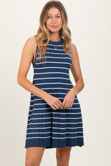 Navy Ribbed Pleated Knit Sleeveless Maternity Mini Dress