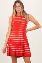 Orange Ribbed Pleated Knit Sleeveless Mini Dress