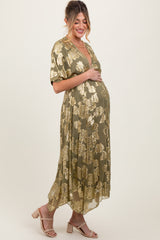 Olive Metallic Floral Jacquard Overlay Maternity Maxi Dress