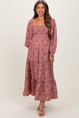 Mauve Floral Smocked Square Neck Maternity Maxi Dress