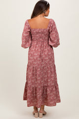 Mauve Floral Smocked Square Neck Maternity Maxi Dress