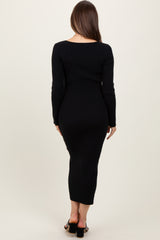 Black Henley Ribbed Maternity Midi Sweater Dress