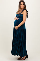 Deep Teal Velvet Smocked Satin Shoulder Tie Maternity Maxi Dress