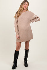 Beige Turtleneck Colorblock Contrast Trim Maternity Sweater Dress