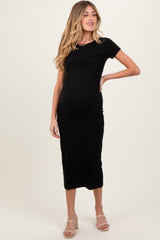 Black Ruched Bust Short Sleeve Maternity Maxi Dress