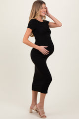 Black Ruched Bust Short Sleeve Maternity Maxi Dress