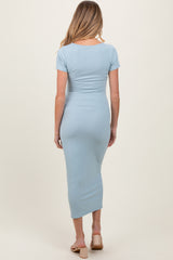 Light Blue Ruched Bust Short Sleeve Maternity Maxi Dress