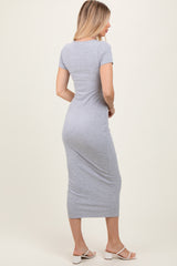 Heather Grey Ruched Bust Short Sleeve Maxi Dress