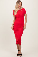 Red Ruched Bust Short Sleeve Maxi Dress