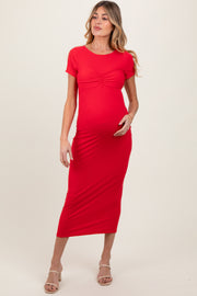 Red Ruched Bust Short Sleeve Maternity Maxi Dress