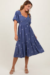 Blue Ribbon Print Smocked Maternity Midi Dress