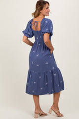 Blue Ribbon Print Smocked Midi Dress