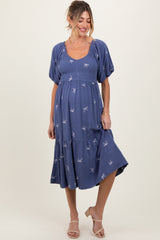 Blue Ribbon Print Smocked Maternity Midi Dress