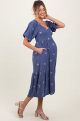 Blue Ribbon Print Smocked Maternity Midi Dress