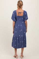 Blue Ribbon Print Smocked Maternity Midi Dress